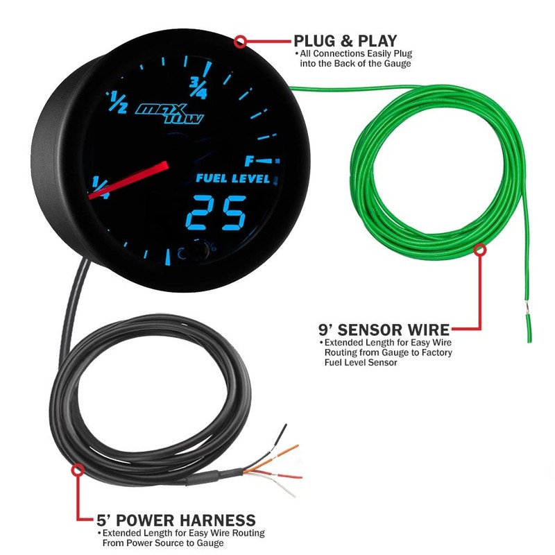 MaxTow Double Vision Fuel Level Gauge Kit - Black Gauge