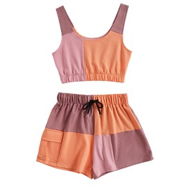 GORGLITTER Women's 2pcs Colorblock Patchwork Outfits Crop Tank Top Drawstring Waist Flap Pocket Side Shorts Set Orange Pink Brown Small