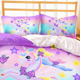 AOXHFNV Pink Unicorn Duvet Cover, Cute Unicorn Eyelashes Girls Children's Bed Linen 135 x 200 cm, Unicorn Motif Bed Linen with 2 Pillowcases (135 x 200 cm, Pink)