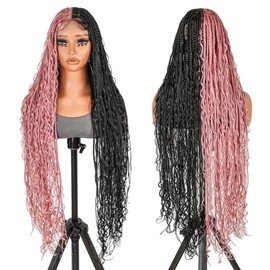 SuperNova #Gray 36" Full Lace Bohemian Box Braided Synthetic Wig, Premium Quality, Wavy, Lightweight & Natural Look - Ideal for a Stylish Hair Transformation - Hair Color: #Pink&1B