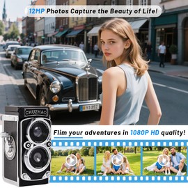 Vintage Mini Digital Camera, Portable TLR Style Retro Point and Shoot Compact Small Pocket 1080P FHD Video 12MP Autofocus Vlogging Camera with 16 GB Card for Beginners Teens Adults Kids Black