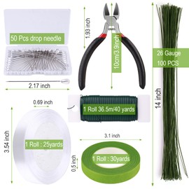 GLAMFIELDS Floral Tape and Floral Wire,Floral Arrangement Kit with Green Flower Tape for Bouquets,Boutonniere pin,White Ribbon, Wire Cutter for Bridal Bouquet kit, Wreath Making Supplies
