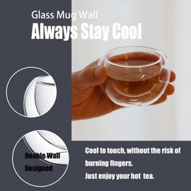 PunPun 4.2oz. 125ml Tea Cups Set of 4, Double Walled Glass Cups for Tea or Coffee, Borosilicate Glasses Heatproof Insulating,Teacups, Hand Made Insulated Cups, Clear Glass Cups