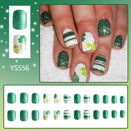 St. Patrick’s Day Press on Nails Short Square Fake Nails Green Glitter False Nails with Clover Stripes Designs Cute Glue on Nails Full Cover Acrylic Nails St. Patricks Day Stick on Nails for Women