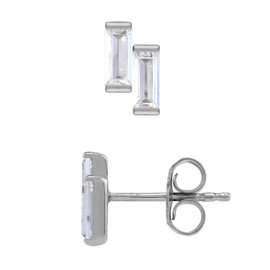 Silvershake Cubic Zirconia White Gold Plated 925 Sterling Silver Minimalist Twin Baguette Shape Geometric Casual Stud Post Earrings April Gemstone Birthstone Jewelry for Women, Sterling Silver Rhodium