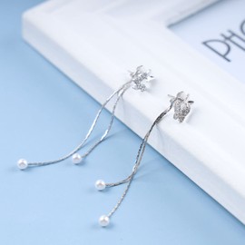 TseenYi Butterfly Stud Earrings Pearl Long Drop Earrings Mini CZ Butterfly Earrings Silver Shiny Butterfly Crystal Earrings Jewellery for Women and Girls Gifts, Alloy Steel