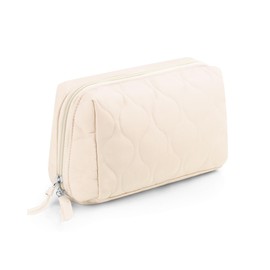 Travel Essentials Women's Makeup Bag, Lifestyle Products, Toiletries Organizer, Wide Mouth Fluffy Padded Women's Cosmetic Bag, Portable Large Capacity cosmetic organizer bag (Beige)