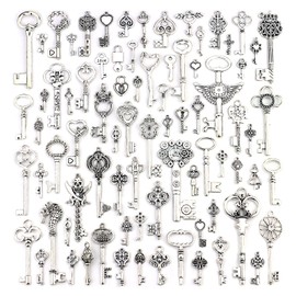 JIALEEY - Llaves de esqueleto plateadas, 80 unidades al por mayor de lotes a granel mixtos de castillo antiguo, mazmorra, pirata, victoriano, filigrana corazón, llaves reales, Metal, Aleación.