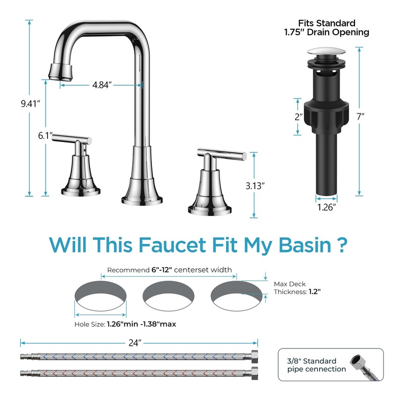 FORIOUS Widespread Bathroom Faucets Polished Chrome, 3 Hole Faucet for