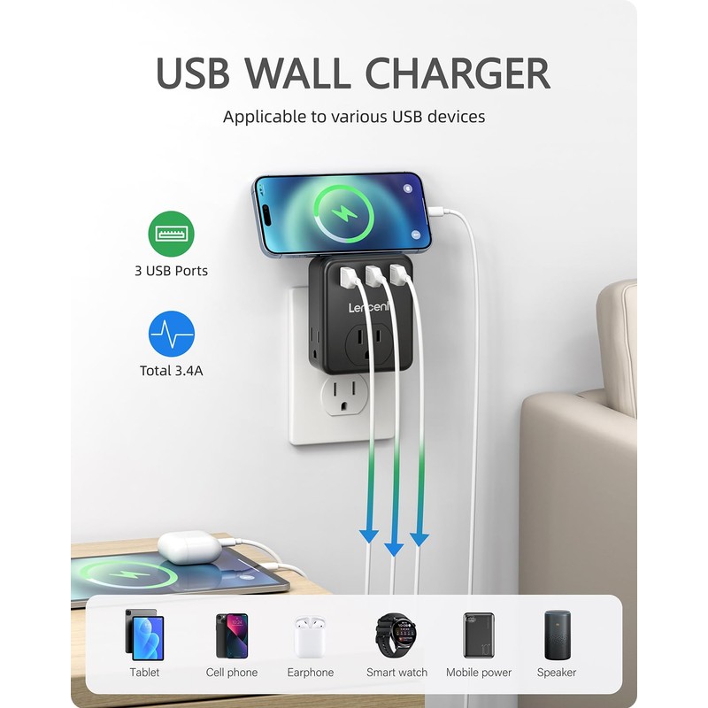 LENCENT Multi Plug Outlet Extender, 2 Pack, USB Brick, 3