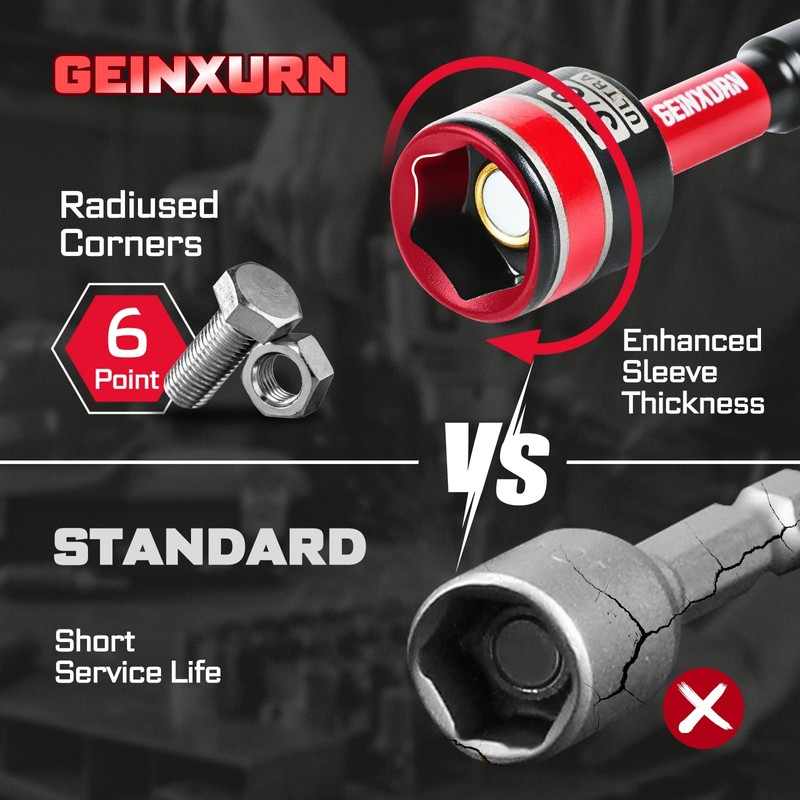 Geinxurn Impact Nut Driver Set, 10 Pieces 2.56”6”Long 1/4”5/16”3/8”7/16” 1/2”6