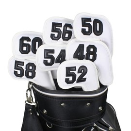 Prof 7Pcs Leather Wedge Golf Iron Head Covers Protective Club Waterproof & Scratch Resistant 48 50 52 54 56 58 60 Degree (White Black Number)