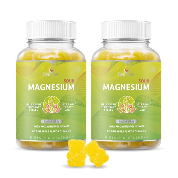 BeLive Magnesium Gummies 200mg - 120 Ct | Magnesium Glycinate Supplements for Relaxation, Stress Relief, and Sleep for Adults & Kids - Tasty and Tangy Pineapple Flavor | 2-Pack