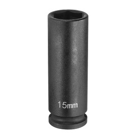HARFINGTON Deep Impact Socket 3/8" Square Drive by 15mm Metric 6 Point Socket 65mm (2.56") Long CR-MO Steel Industrial Grade Flip Socket for Home Auto Hex Nuts Bolts Repair, Black