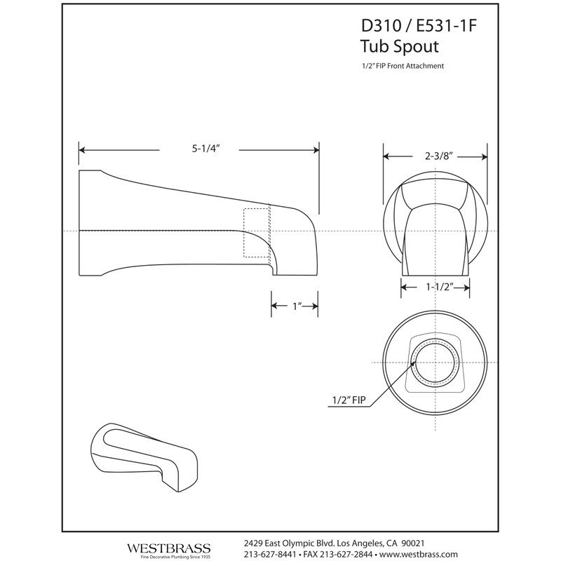 Westbrass D310-12 Non Diverter Brass Tub Spout, Oil Rubbed Bronze