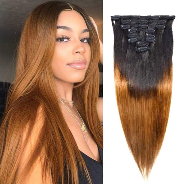 Feelgrace 20" Clip in Straight Hair Extension for Women Girls, 1B/#30 Clip ins Extensions Straight Hair, 1B/Brown 8 Pieces Straight Brazilian Hair Extensions (20 inches)