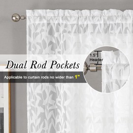Lecloud Leia Bedroom White Sheer Curtains 96 Inches Long 2 Panels, Burnout Texture Patio Door/French Door Curtain Dual Rod Pockets, Farmhouse Leaves Living Room Drapes Window Treatment, 38W x 96L