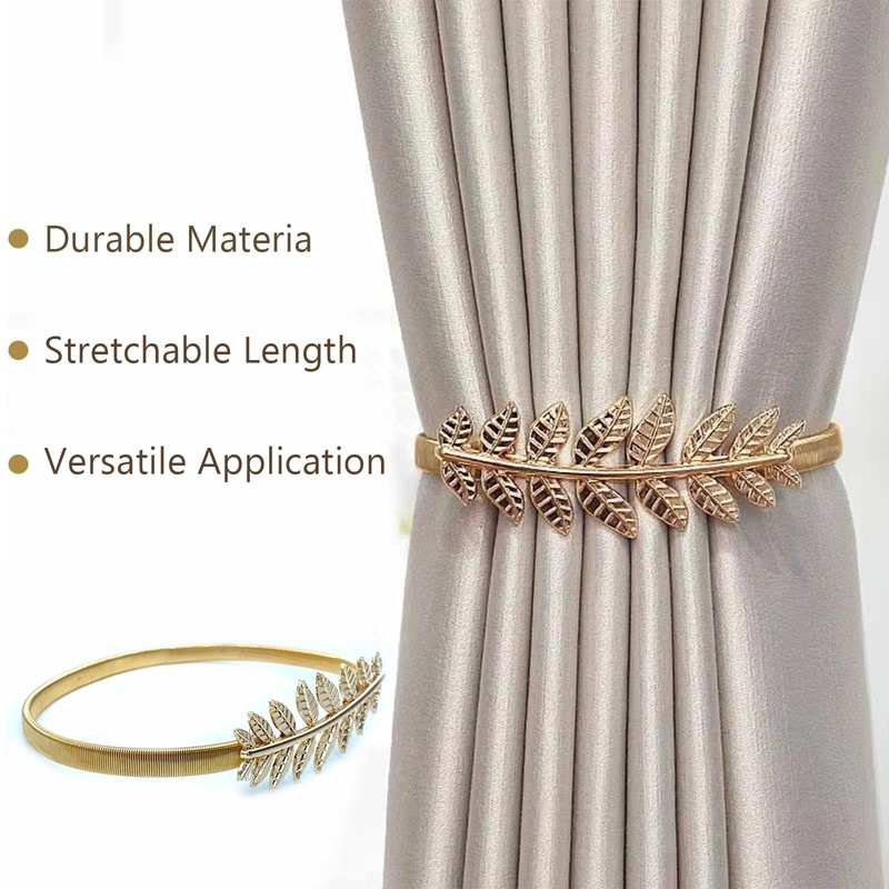 4 Pack Adjustable Gold Leaf Curtain Tie Backs, Elastic Alloy