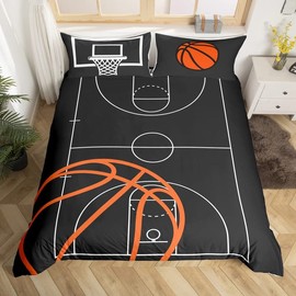 Basketball Court Print Bedding Set Twin Size,Ball Sports Games Themed Duvet Cover with 2 Pillowcases, Boys Game Room Decor Comforter Cover Orange Basketball and Hoop Quilt Cover Set (No Comforter)