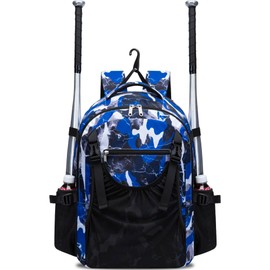 FOKDUVB Baseball Softball Backpack for Kids Boys Girls 6-8 8-12 12-14 Large Youth Bat Bag for Gear Storage Baseball Softball Tball Equipment Back Pack with Separate Shoe Bag (Blue/Black, Camouflage)