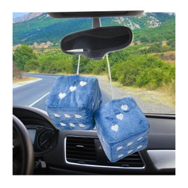Dickno 2 PCS Fuzzy Plush Dice for Car Mirror, 3" Soft Retro Square Heart-Shape Rearview Mirror Ornament, Universal Interior Hanging Dice Decor Accessories for Women (Blue)
