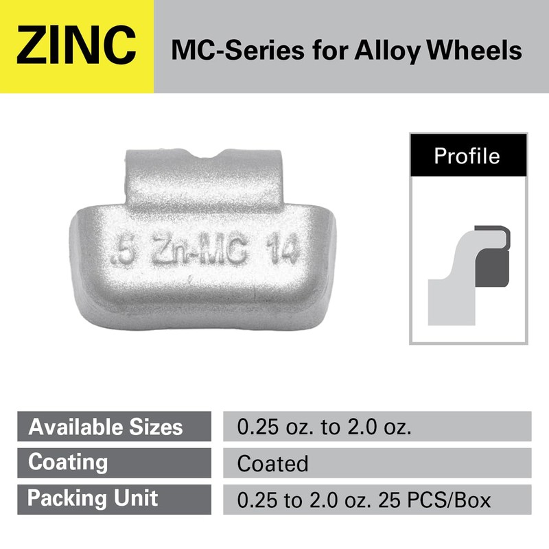 CKAuto MC-Series Zinc Clip on Wheel Weights 0.5oz, 1/2oz, Coated,
