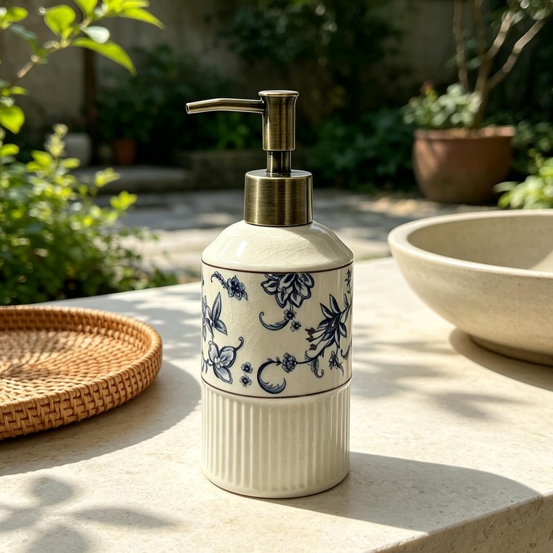 Blue Floral Ceramic Soap Dispenser 8.8Oz with Pump