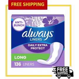 Always Anti-Bunch Xtra Protection Daily Liners, Long Length, Unscented, 136 Ct