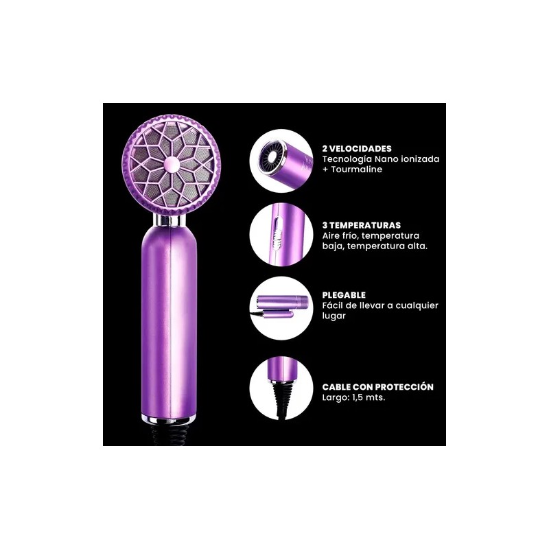 Secadora De Cabello Con Difusor Plegable Tourmaline Timco Violeta