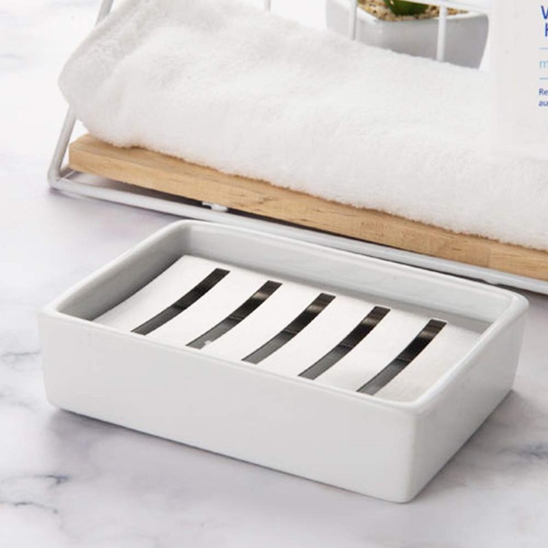 BUYGOO Soap Dish Tray, Ceramic Soap Dish, Stainless Steel Soap