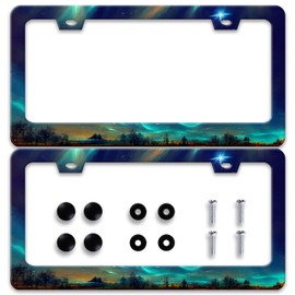 2pcs Personalise Aurora Night Sky License Plate Frame Scenery License Plate Frames Car Universal Stainless Steel Accessories Cars Decor With 2 Holes Screws Fits Standard Us Vehicles Size 12.2 X 6 Inch