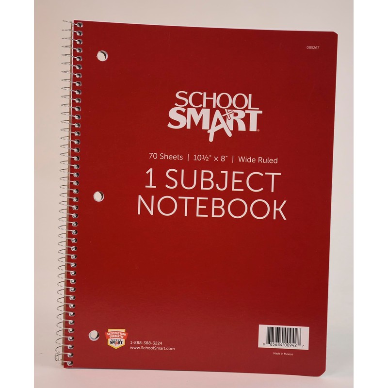 School Smart Spiral Wide Ruled Notebook, 8 x 10-1/2 Inches