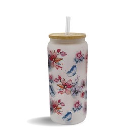 16oz Frosted Glass With Bamboo Lid and Plastic Straw - Summer (Butterfly #1, 16oz)