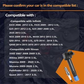 FFFauto Set of 6 Ignition Coil Pack and Iridium Spark Plugs Compatible with V6 3.5L 3.5 2009-2020 Nissan Maxima Murano Altima Pathfinder Quest,Q50 Q70 QX60 EX35 FX35 G25 G35 M35h