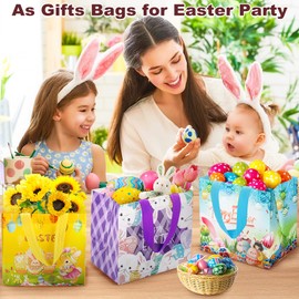 12Pcs Easter Egg Hunt Bags Bunny Carrot Chick Treat Bag with Handles, Reusable Non-Woven Easter's Bag for Gifts Wrapping Party Supplies, Easter Basket Container 7.9×7.9×5.9 Inch (Color01 12-Packs)