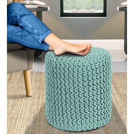 COTTON CRAFT Braided Round Pouf - Hand Knitted Cotton Cord Cable Dori Cylindrical Ottoman - Foot Stool - Floor Pouf - Footrest - Accent Seat - Living Room Bedroom Dorm Décor - 15 Round x 16 H - Blue