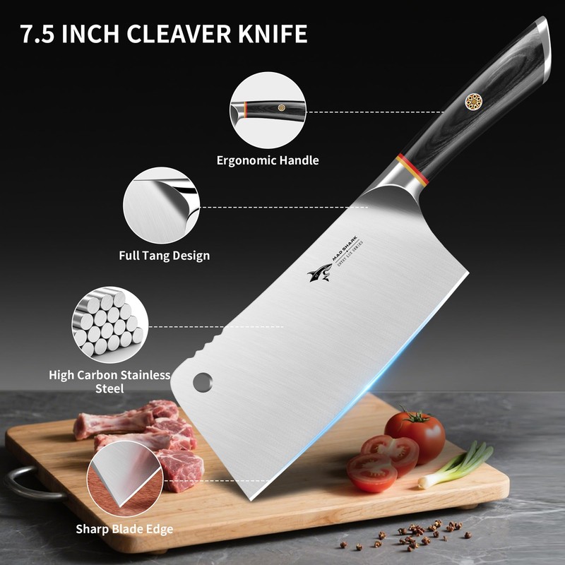 MAD SHARK Meat Cleaver, Professional 7.5 Inch Bone Chopping Butcher