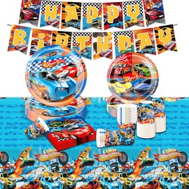 Geburtstagsdeko Partygeschirr Set- 62Pcs Geburtstag Geschirr Tableware Kindergeburtstag Teller Partyzubehör mit Servietten Tischdecke Pappbecher Pappteller Banner Kinder Party Supplies Deko