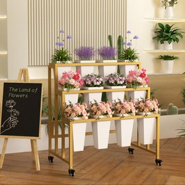 Flower Display Stand with 12PCS Buckets, 3 Layers Flower Cart, Gold Metal Plant Stand with Wheels, Heavy Duty Moving Flower Stand for Indoor/Outdoor Patio Garden Wedding Florist Living Room.