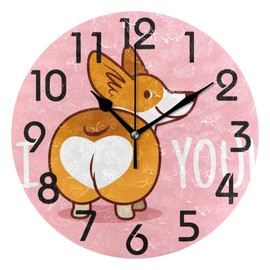 Naanle Cute Cartoon Welsh Corgi Dog Butt Heart Round Wall Clock Decorative, 9.5 Inch Battery Operated Quartz Analog Quiet Desk Clock for Home,Office,School(Pink)