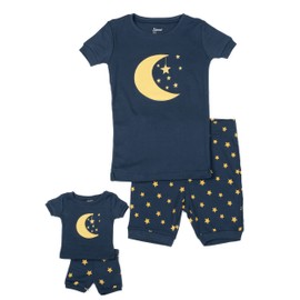 Leveret Shorts Matching Doll & Girl Moon & Stars 2 Piece Pajama Set 100% Cotton Size 10 Years