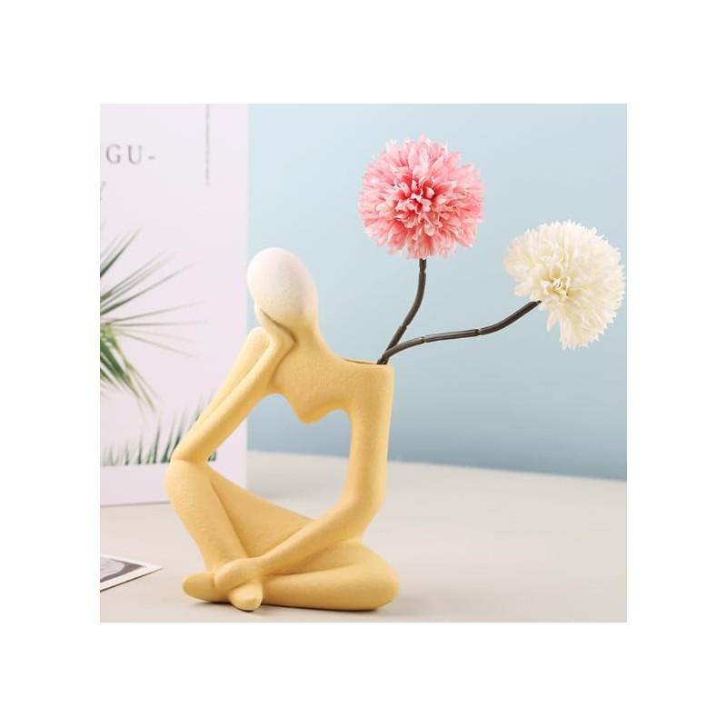 Abstract Thinker Vase Yellow Ceramic Flower Vase 20cm Tall Modern