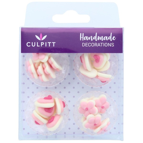 Culpitt Pink Mini Hearts and Flowers Sugar Pipings, Royal Icing, Decorations for Cupcakes, Cakes, Cookies, 24 Piece - Single Pack 06307