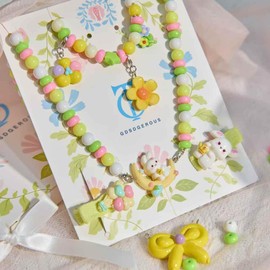 Girls Jewelry Set Includes Stretchy Beads Necklace Bracelet Hair Clips - Cute Detachable Charms and Pendants - Children Jewelry Gift for Daily Dress Up Party Pretend Play Accessories(rabbit flower)