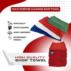 RW Rag Works Premium Ultra Absorbent Shop Towels | Lint Free and Dye Free Durable Cleaning Cloths for Workshops, Garages, Kitchens, and Household Use Cotton Rich Reusable Rags (Red - 108 Pack)