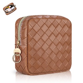 Playexen 5.5" Small Makeup Bag, PU Leather Mini Cosmetics Bag for Purse, Portable Small Travel Makeup Pouch with Ring Buckle (Large Plaid, Brown)