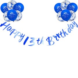 RichMoho Teen Boys Happy 13th Birthday Banners Blue Happy 13th Birthday Banner Bunting Including 12 Pack 12” Latex Printed Balloons Boys Happy 13th Birthday Decorations Supplies