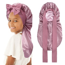 Monopa Kids Long Hair Bonnet for Sleeping - Double Layer Girls Elastic Satin Bonnet with Tie Band for Braid Curly Hair (Rose Gold)