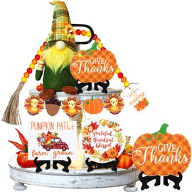 14 Pieces Fall Decor Fall Thanksgiving Tiered Tray Decor Wooden Signs Gnomes Plush Fall Tabletop Signs Pumpkin Tiered Tray Decor Farmhouse Rustic Tiered Tray for Autumn Decor(Gnome Style)