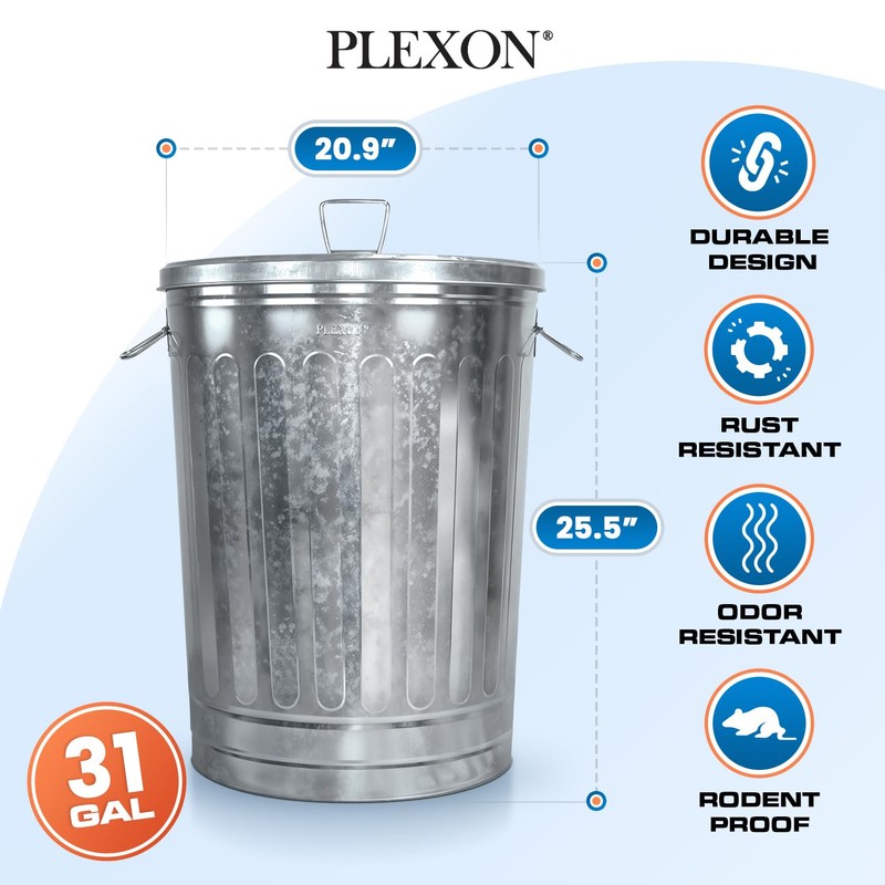 Plexon Metal Trash Can with Lid Outdoor 31 Gallon Galvanized